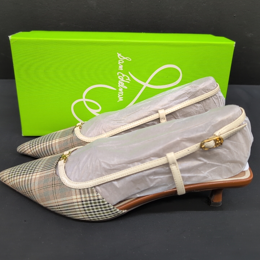 Sam Edelman Toni Slingback Pointed Toe Women's Kitten Heel Pump US 8.5 Oat Plaid - Picture 3 of 14